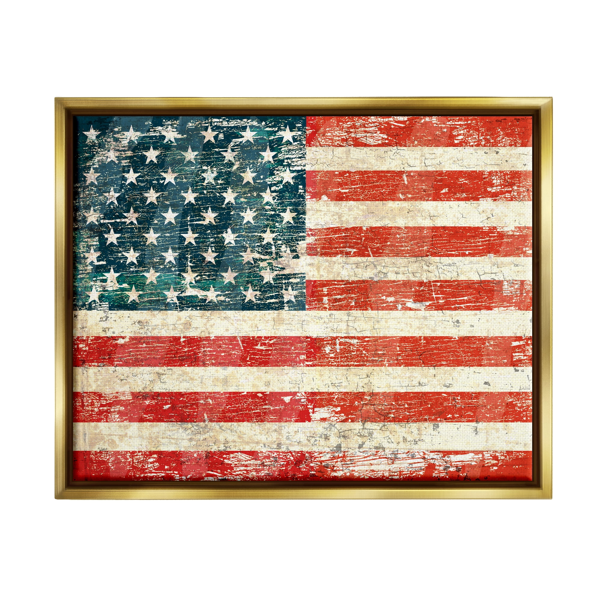Stupell Industries Rustic American Flag Town & City Painting Gold Floater Framed Art Print Wall Art, 21 x 17