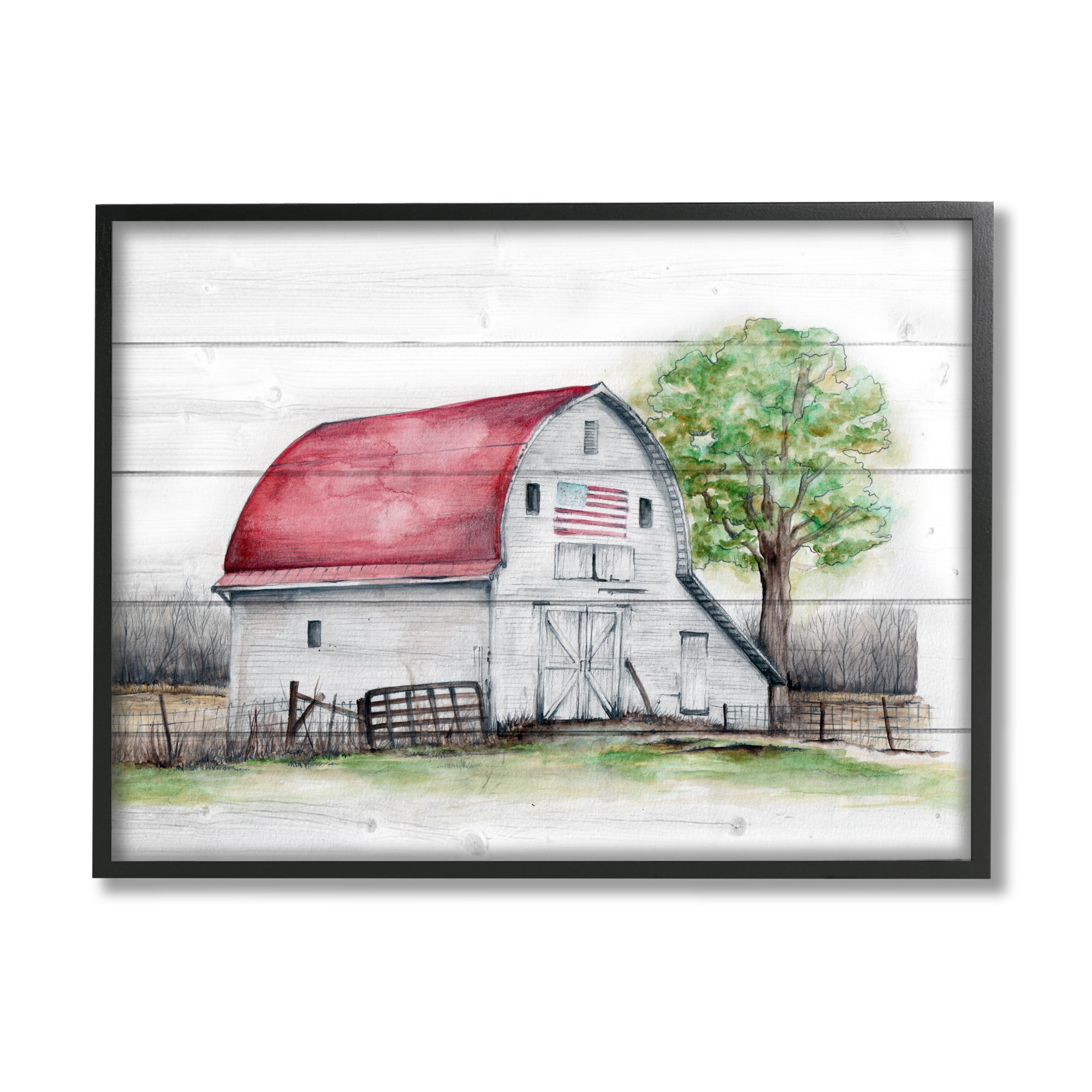 Stupell Industries Rustic Americana Barn Landscape Painting Black Framed Art Print Wall Art, 30 x 24