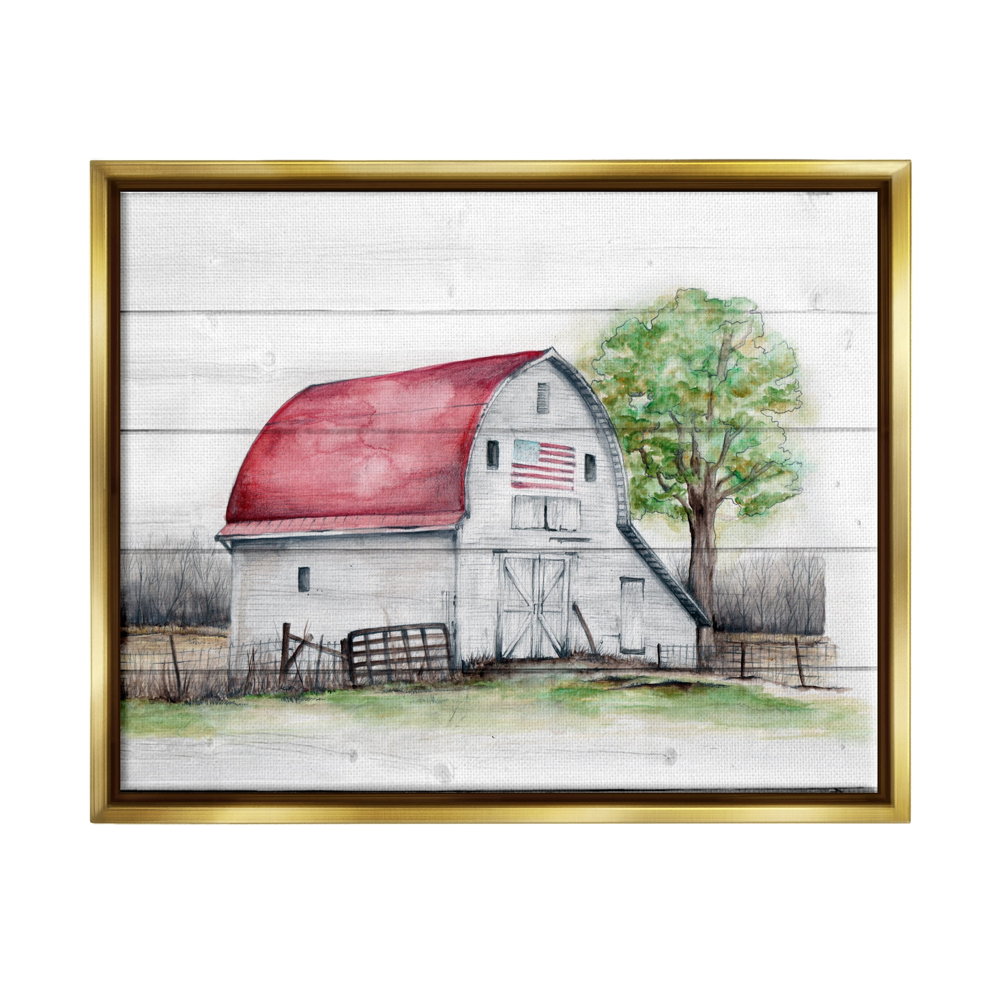 Stupell Industries Rustic Americana Barn Landscape Painting Gold Floater Framed Canvas Art Print Wall Art, 31 x 25