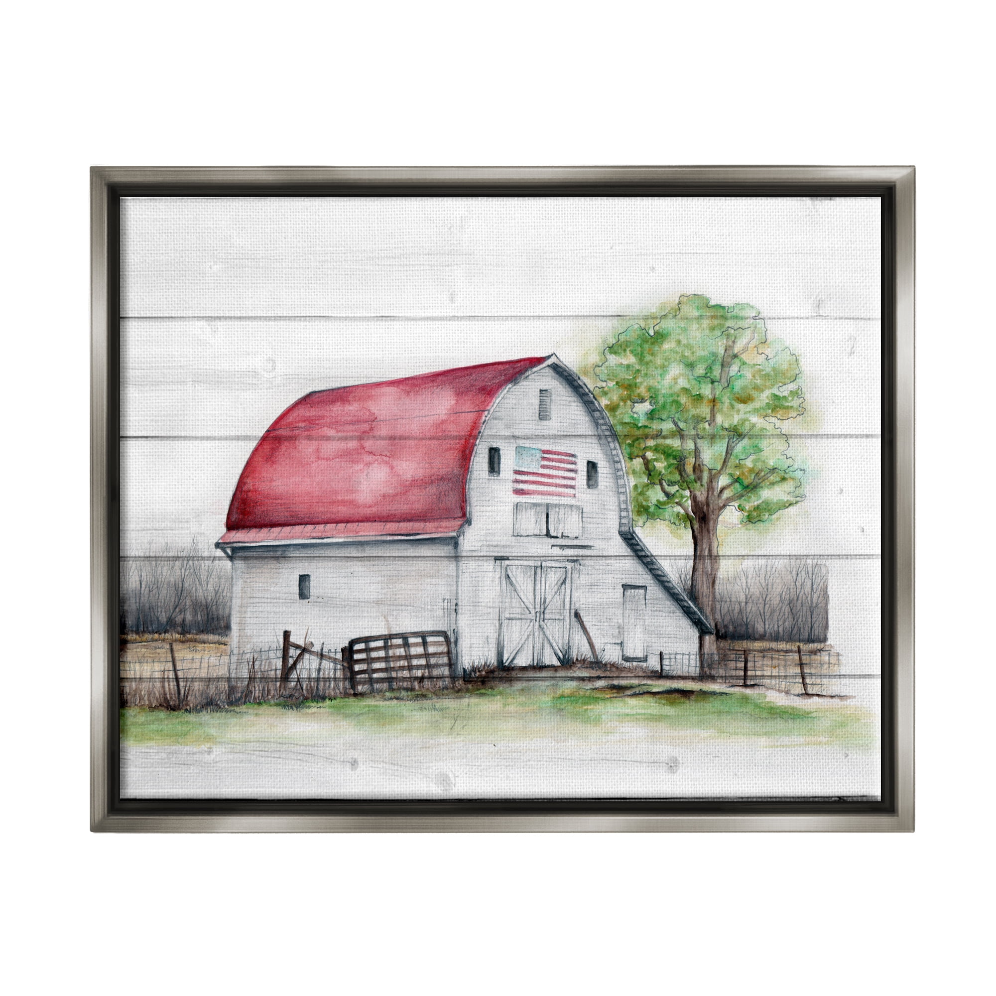 Stupell Industries Rustic Americana Barn Landscape Painting Gray Floater Framed Canvas Art Print Wall Art, 21 x 17