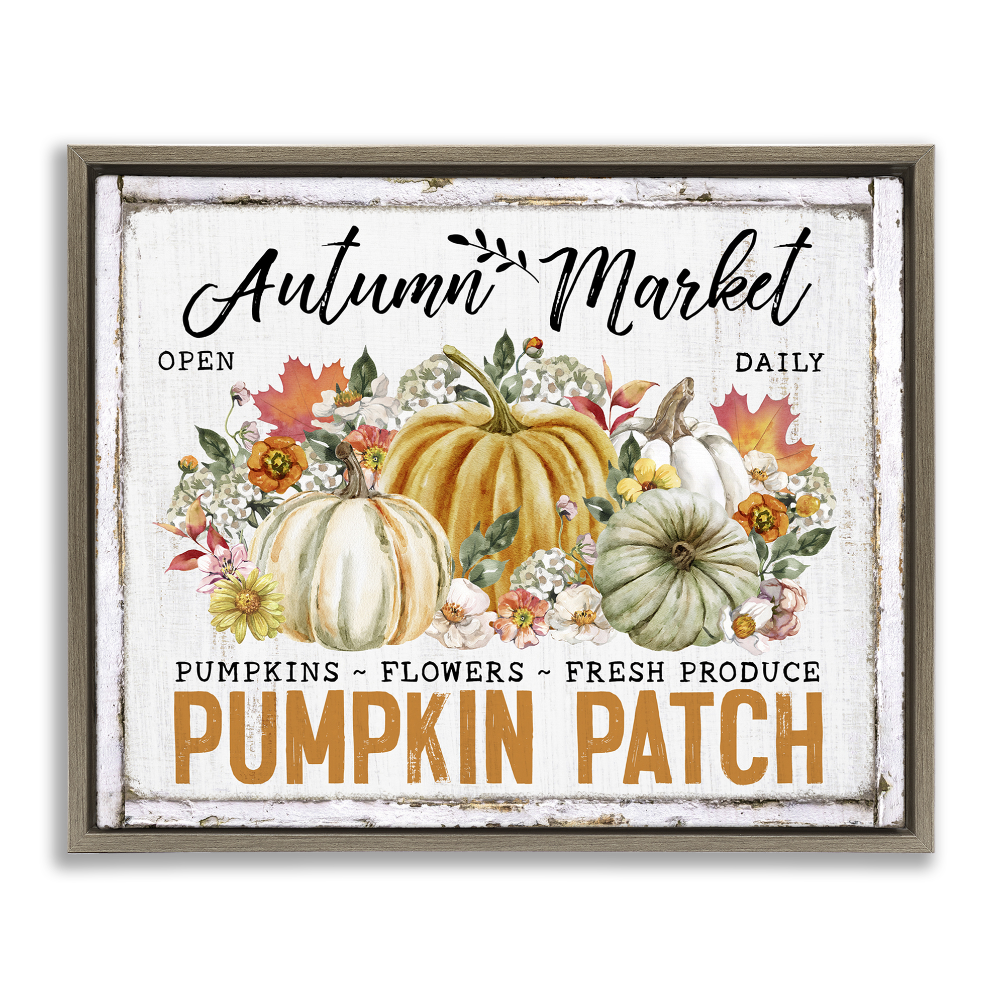 Stupell Industries Rustic Autumn Market Holiday Painting Brown Floater Framed Canvas Art Prints Wall Art, 21 x 17