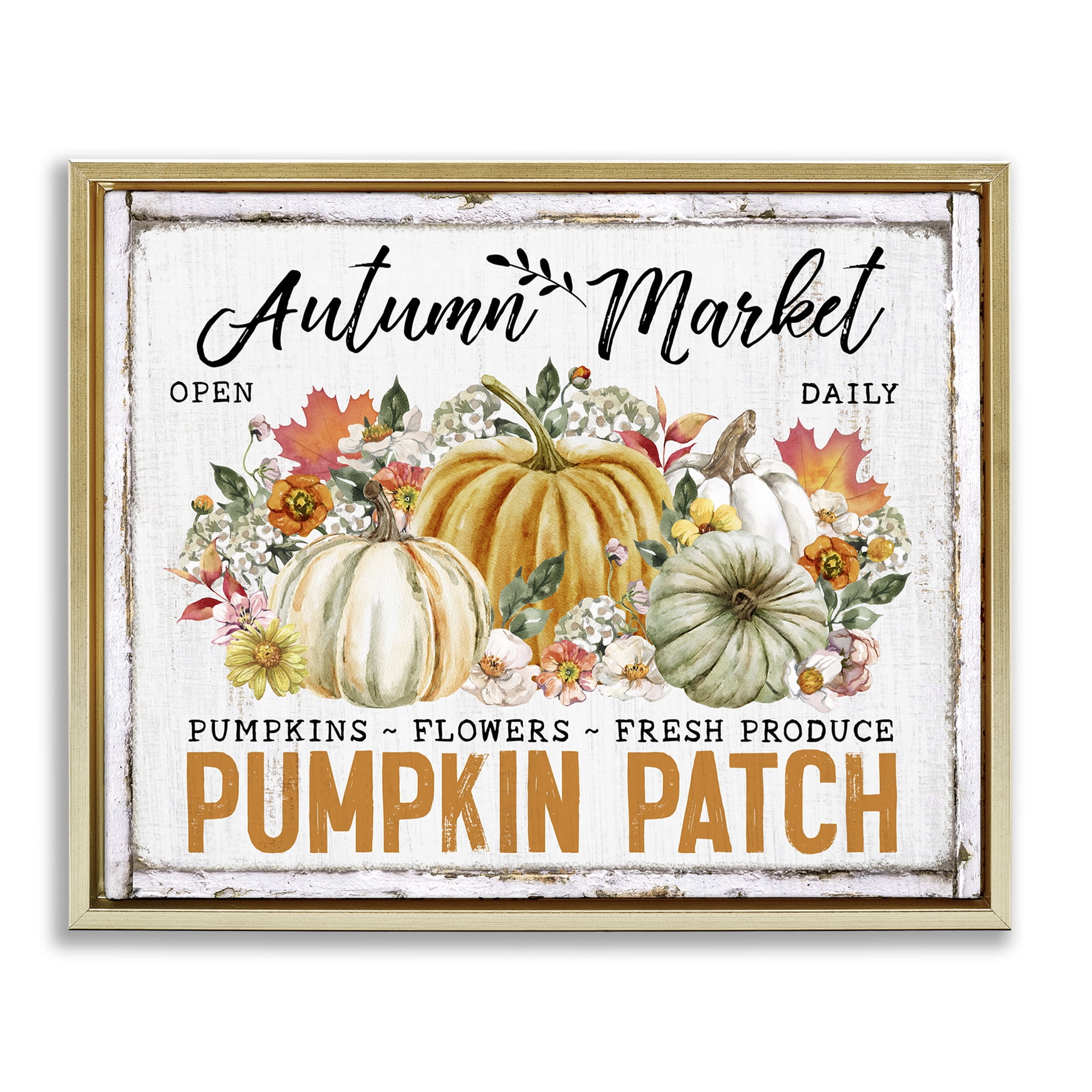 Stupell Industries Rustic Autumn Market Holiday Painting Gold Floater Framed Canvas Art Prints Wall Art, 31 x 25