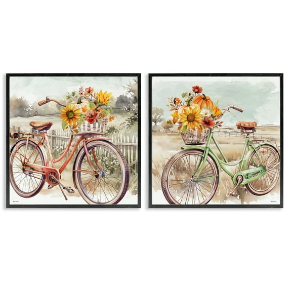 Stupell Industries Rustic Autumnal Bicycles Transportation Painting Black Framed Art Prints Wall Art, 24 x 24, Set of 2