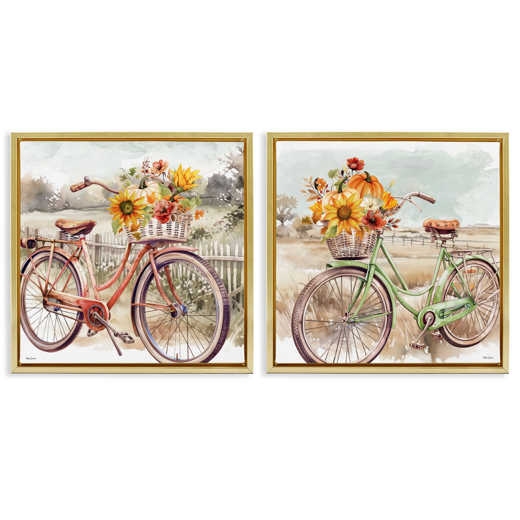 Stupell Industries Rustic Autumnal Bicycles Transportation Painting Gold Floater Framed Canvas Art Prints Wall Art, 25 x 25, Set of 2
