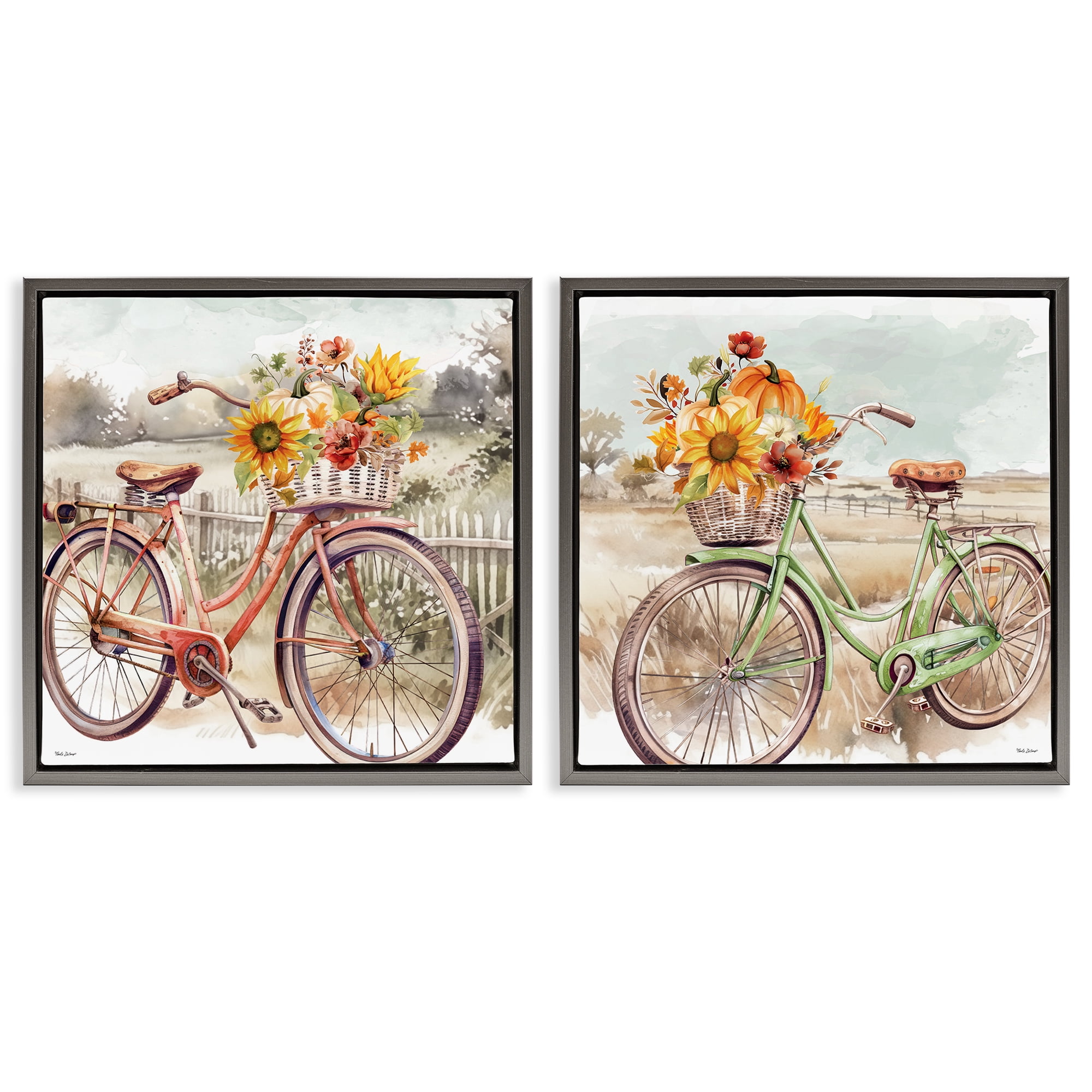 Stupell Industries Rustic Autumnal Bicycles Transportation Painting Gray Floater Framed Canvas Art Prints Wall Art, 18 x 18, Set of 2