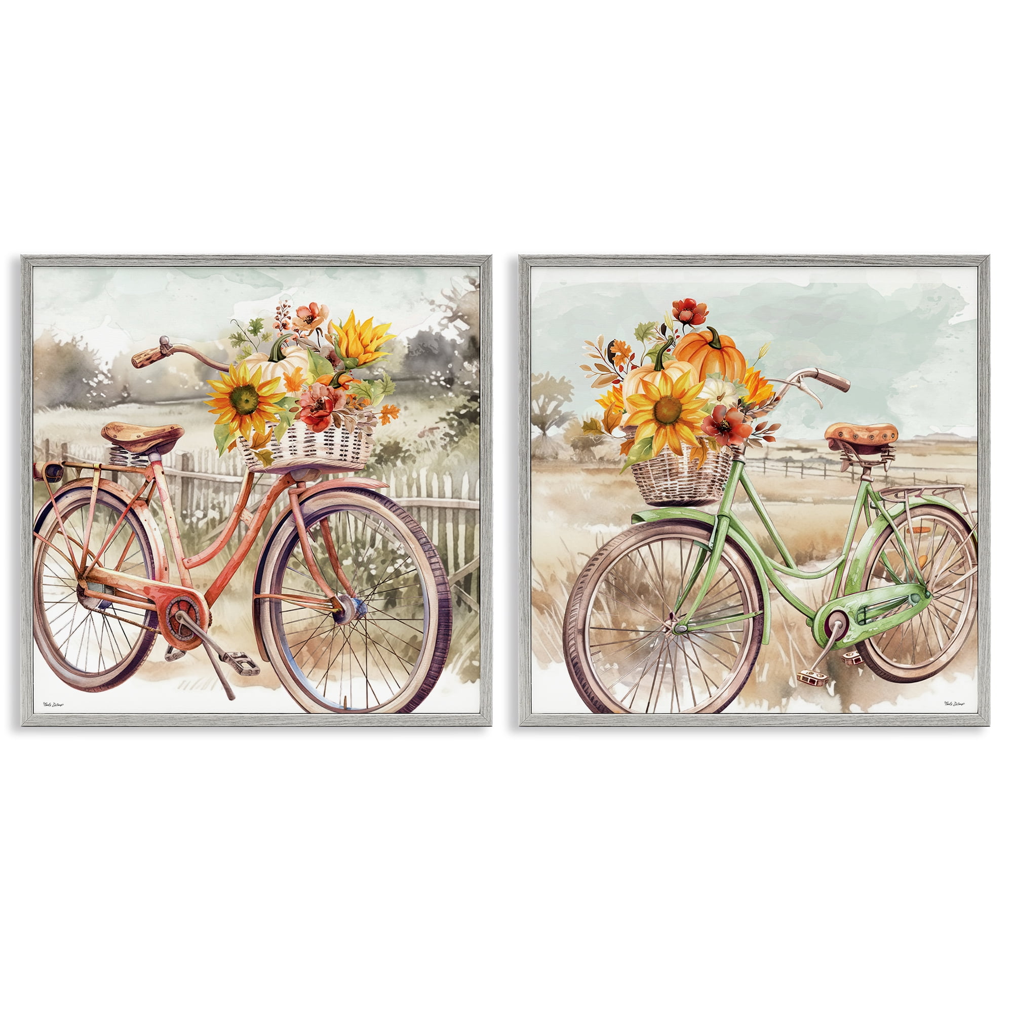 Stupell Industries Rustic Autumnal Bicycles Transportation Painting Gray Framed Art Prints Wall Art, 24 x 24, Set of 2