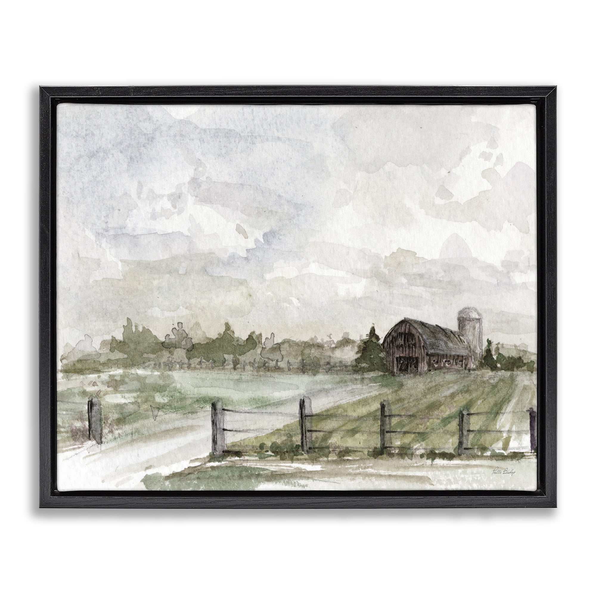 Stupell Industries Rustic Barn & Fence Landscape Painting Black Floater Framed Canvas Art Print Wall Art, 21 x 17