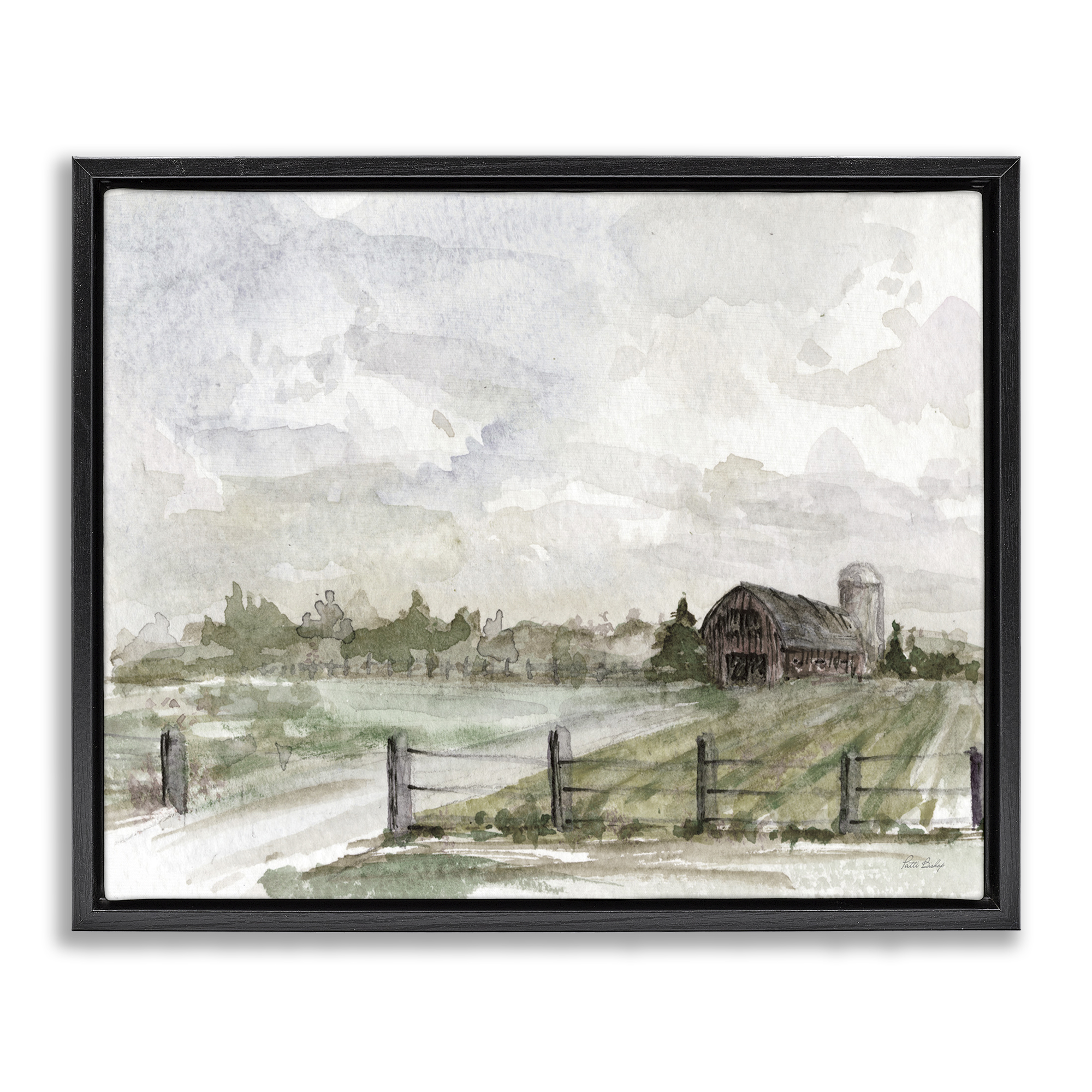 Stupell Industries Rustic Barn & Fence Landscape Painting Black Floater Framed Canvas Art Print Wall Art, 31 x 25