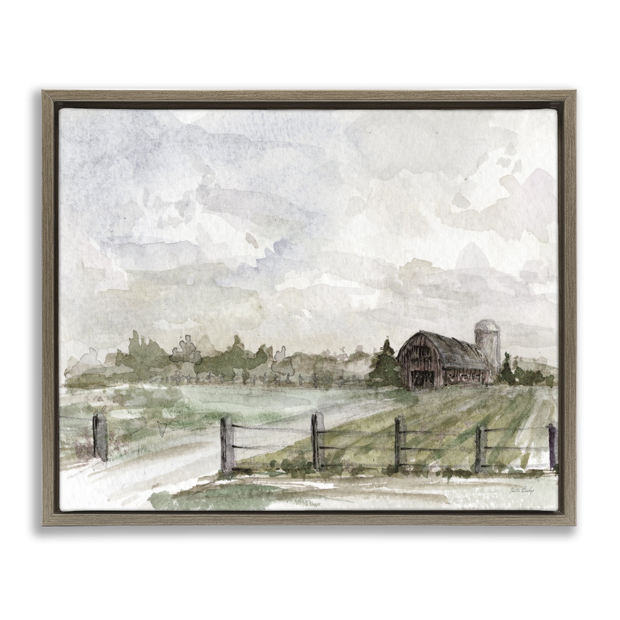 Stupell Industries Rustic Barn & Fence Landscape Painting Brown Floater Framed Canvas Art Print Wall Art, 31 x 25