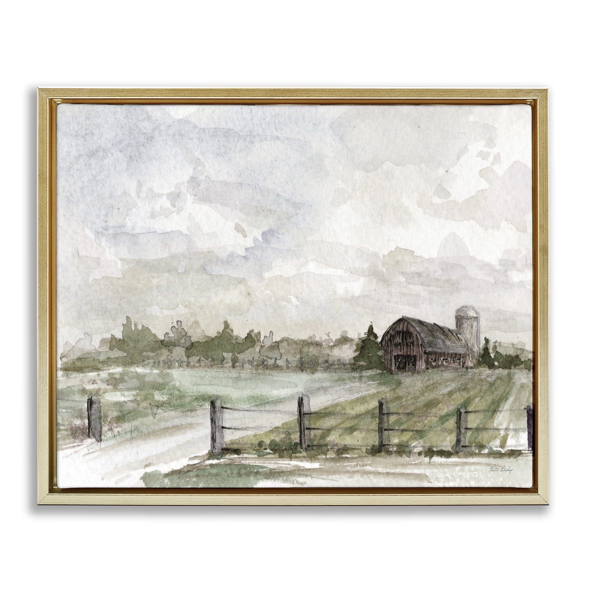 Stupell Industries Rustic Barn & Fence Landscape Painting Gold Floater Framed Canvas Art Print Wall Art, 31 x 25
