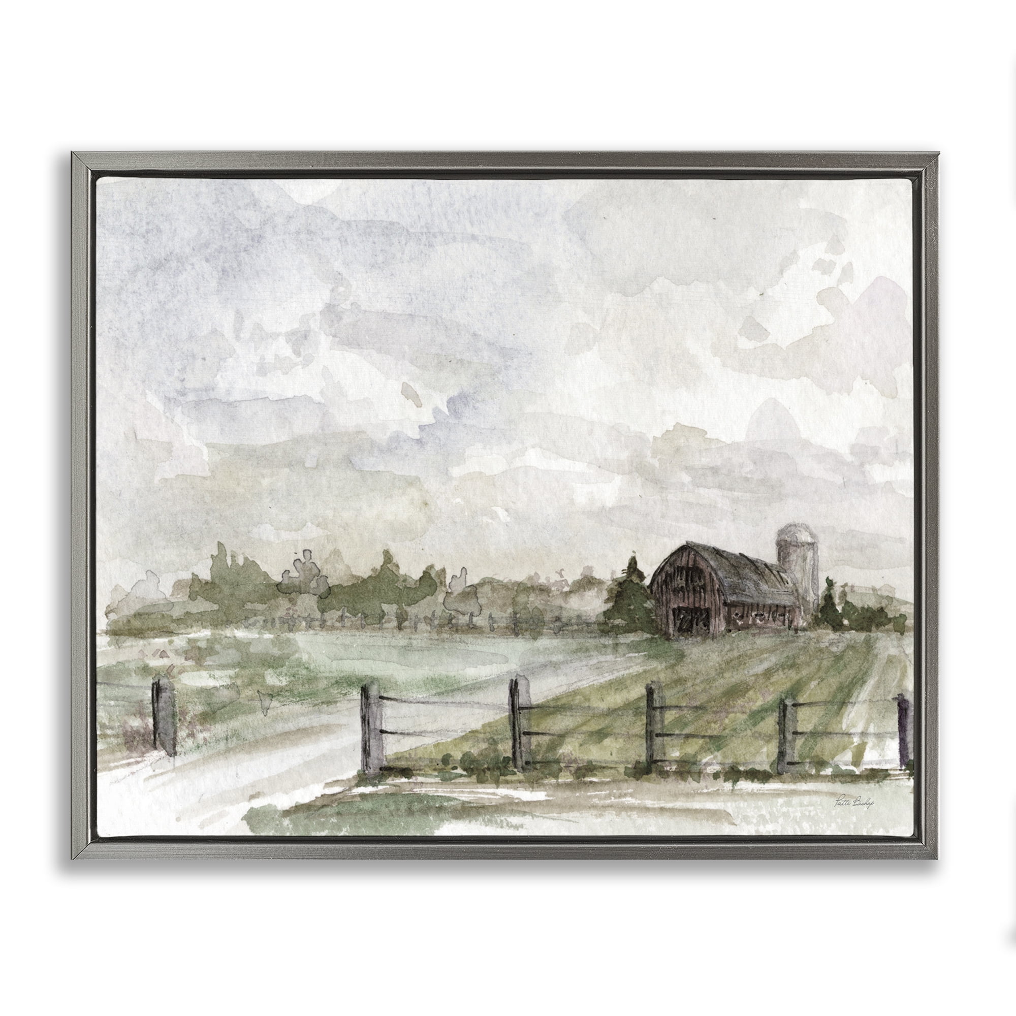 Stupell Industries Rustic Barn & Fence Landscape Painting Gray Floater Framed Canvas Art Print Wall Art, 21 x 17