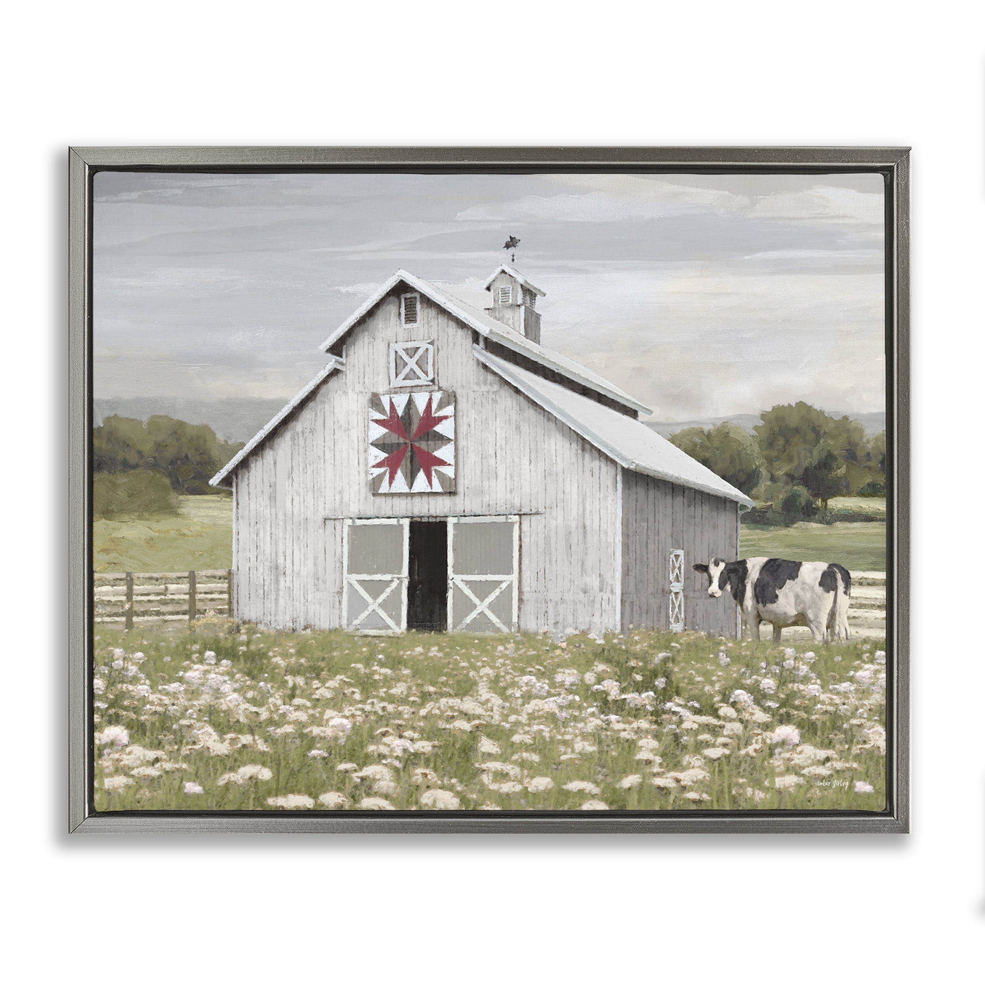 Stupell Industries Rustic Barn Meadow Landscape & Nature Painting Gray Floater Framed Canvas Art Print Wall Art, 21 x 17