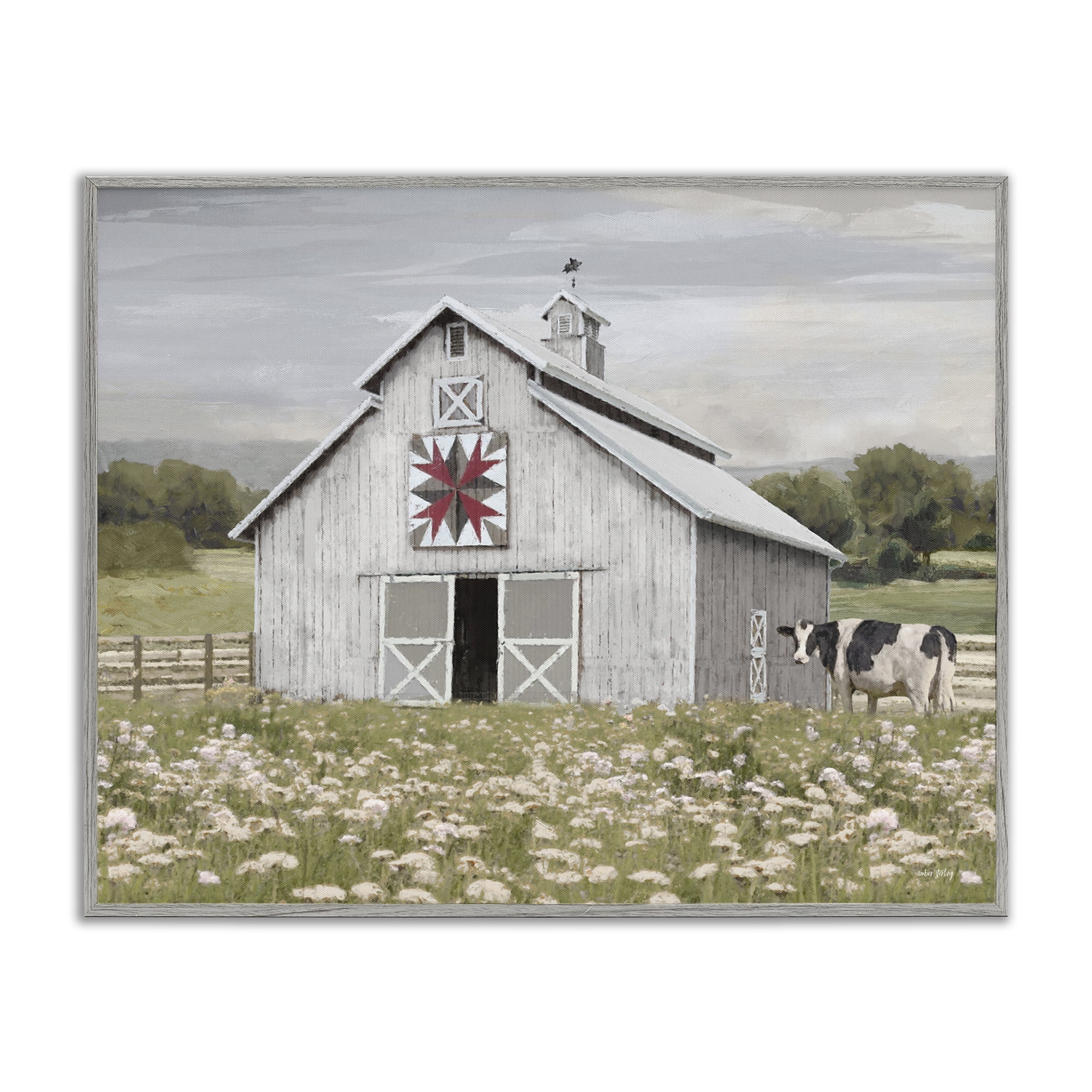 Stupell Industries Rustic Barn Meadow Landscape & Nature Painting Gray Framed Art Print Wall Art, 30 x 24