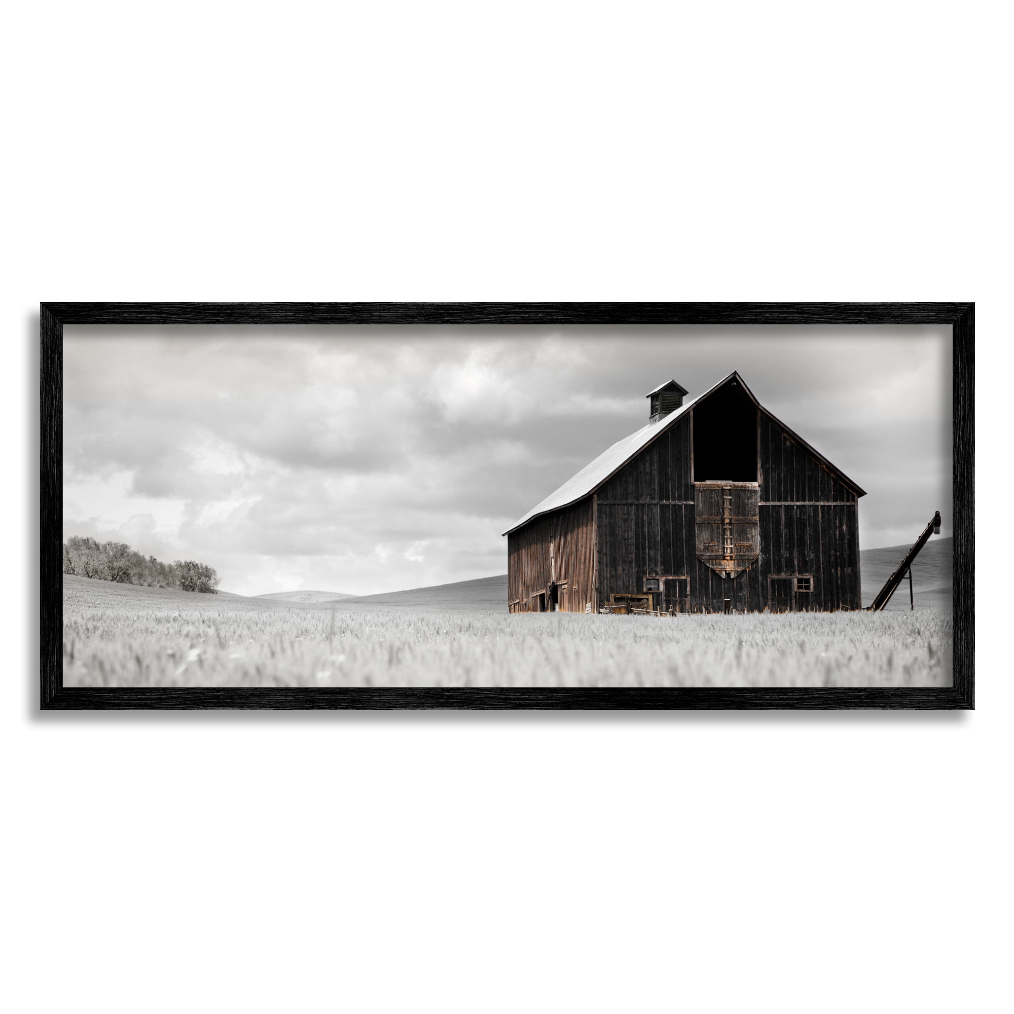 Rustic Black Framed Landscape Print of Barn Scene, 30" x 13"