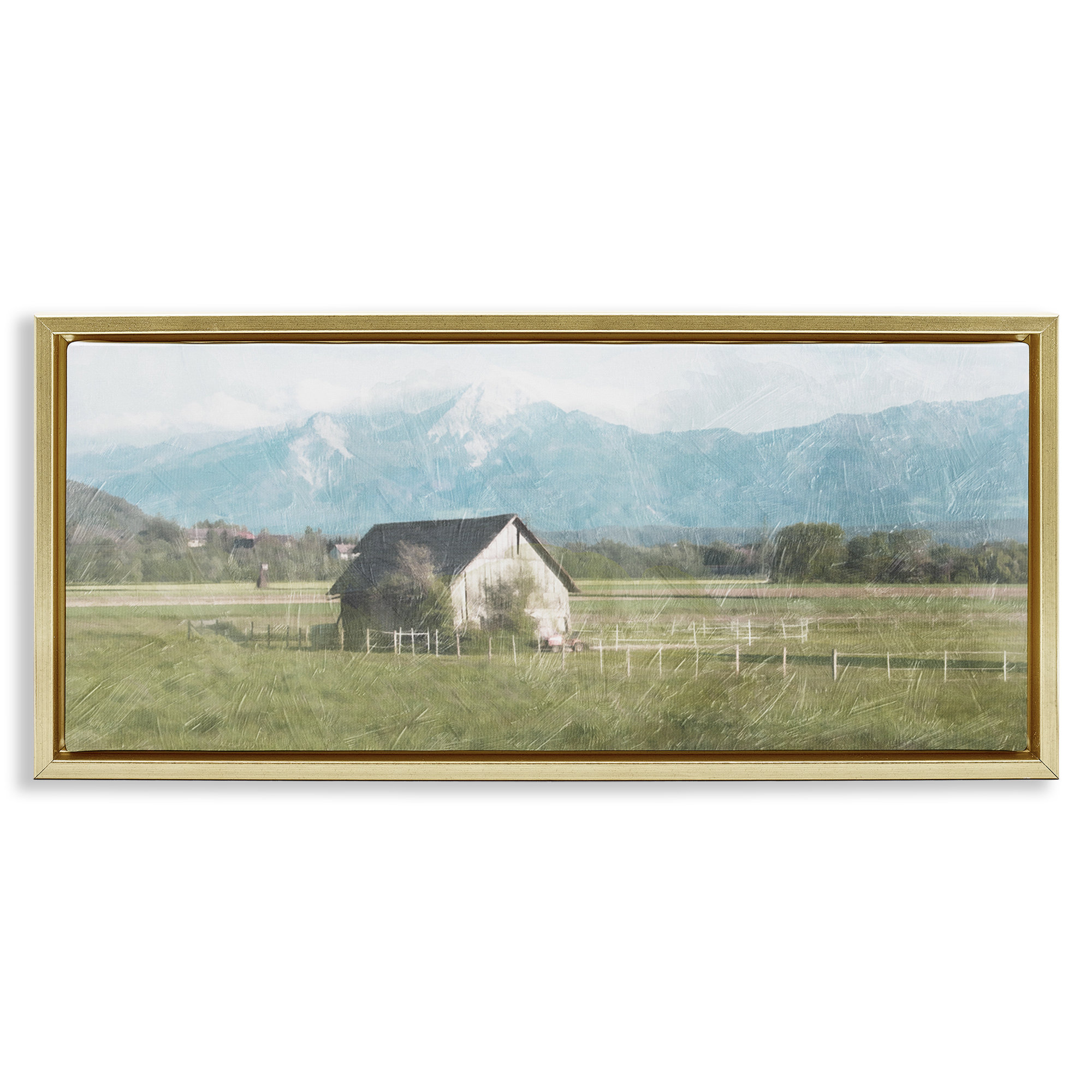Stupell Industries Rustic Barn & Tractor Landscape & Nature Painting Gold Floater Framed Canvas Art Print Wall Art, 25 x 11