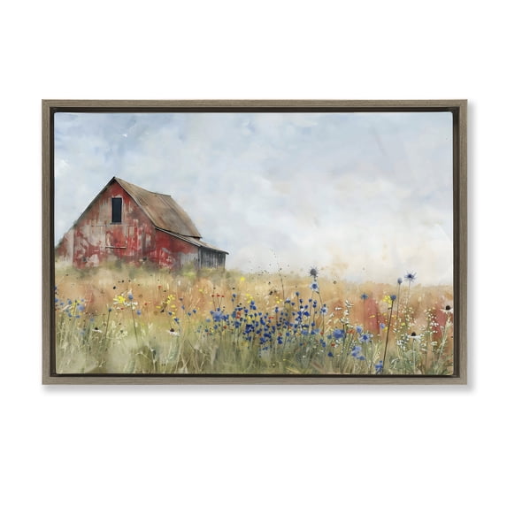 Stupell Industries French Country Rustic Barn in Colorful Meadow Brown Floating Frame Canvas Art, 25 x 17, by Creative Studio