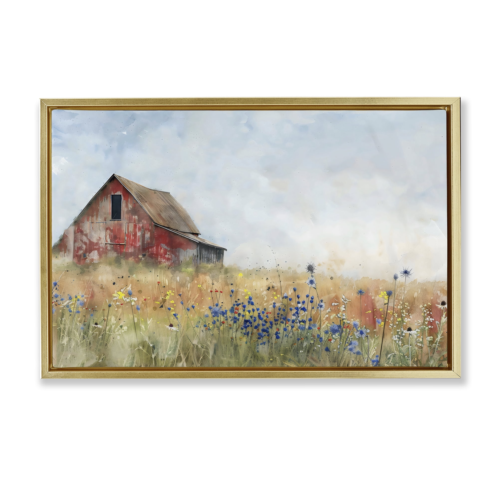Stupell Industries Rustic Barn in Colorful Meadow Gold Framed Floater Canvas Wall Art, design by Creative Studio