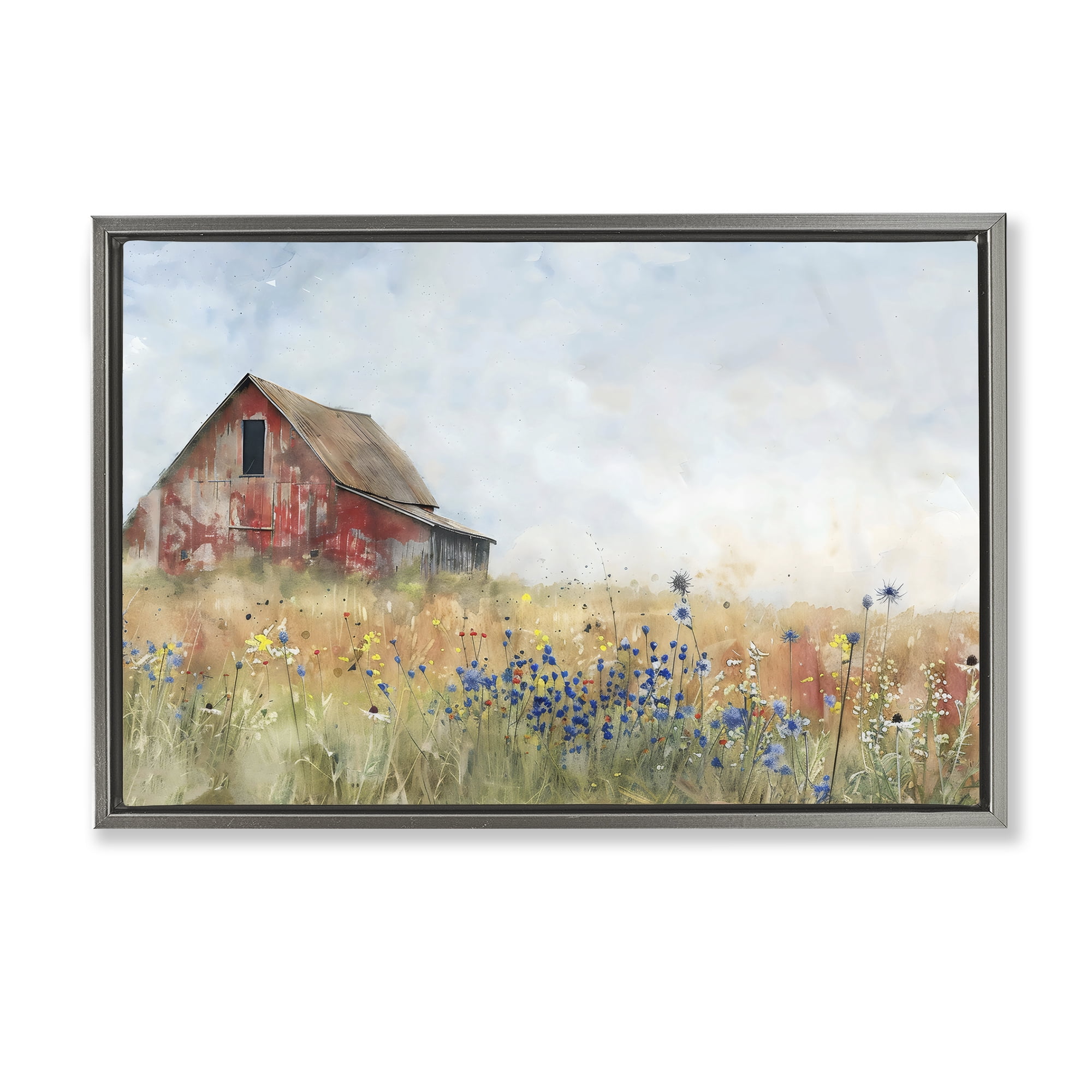 Stupell Industries Rustic Barn in Colorful Meadow Gray Framed Floater Canvas Wall Art, design by Creative Studio