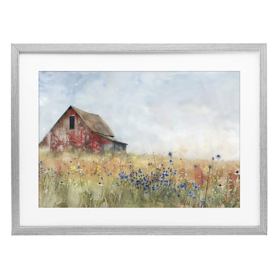 Stupell Industries French Country Rustic Barn in Colorful Meadow Gray Framed Print Under Glass, 23 x 17, by Creative Studio