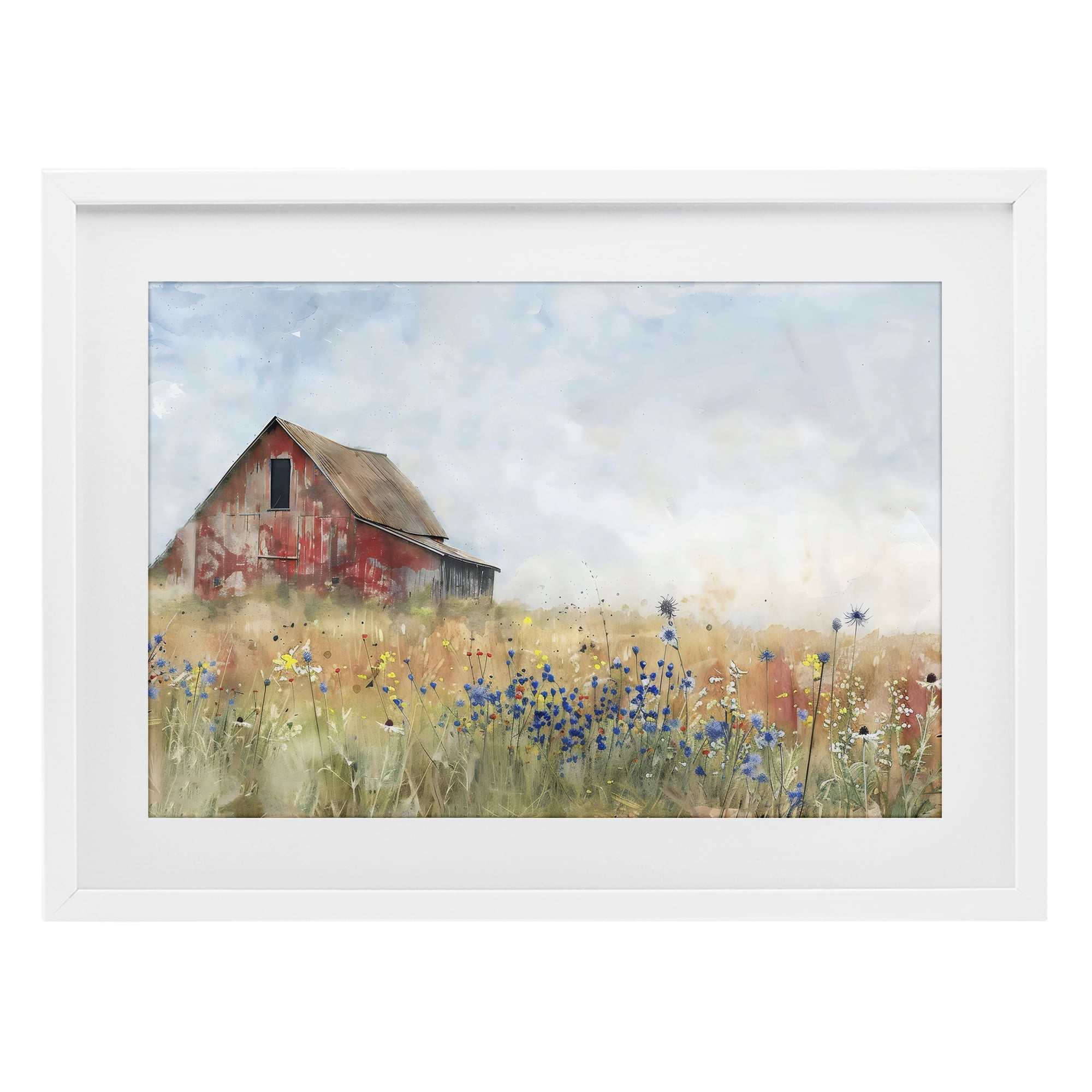 Stupell Industries Rustic Barn in Colorful Meadow White Framed Print Under Glass, design by Creative Studio