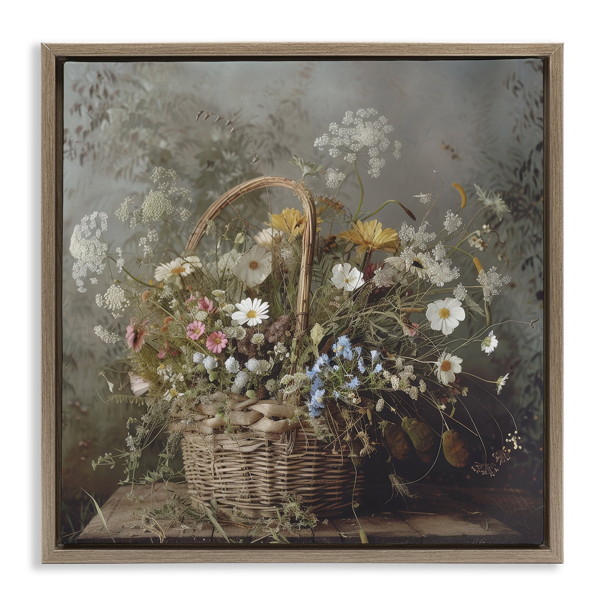 Stupell Industries Rustic Basket with Flowers Brown Framed Floater Canvas Wall Art, design by Lazar Studio
