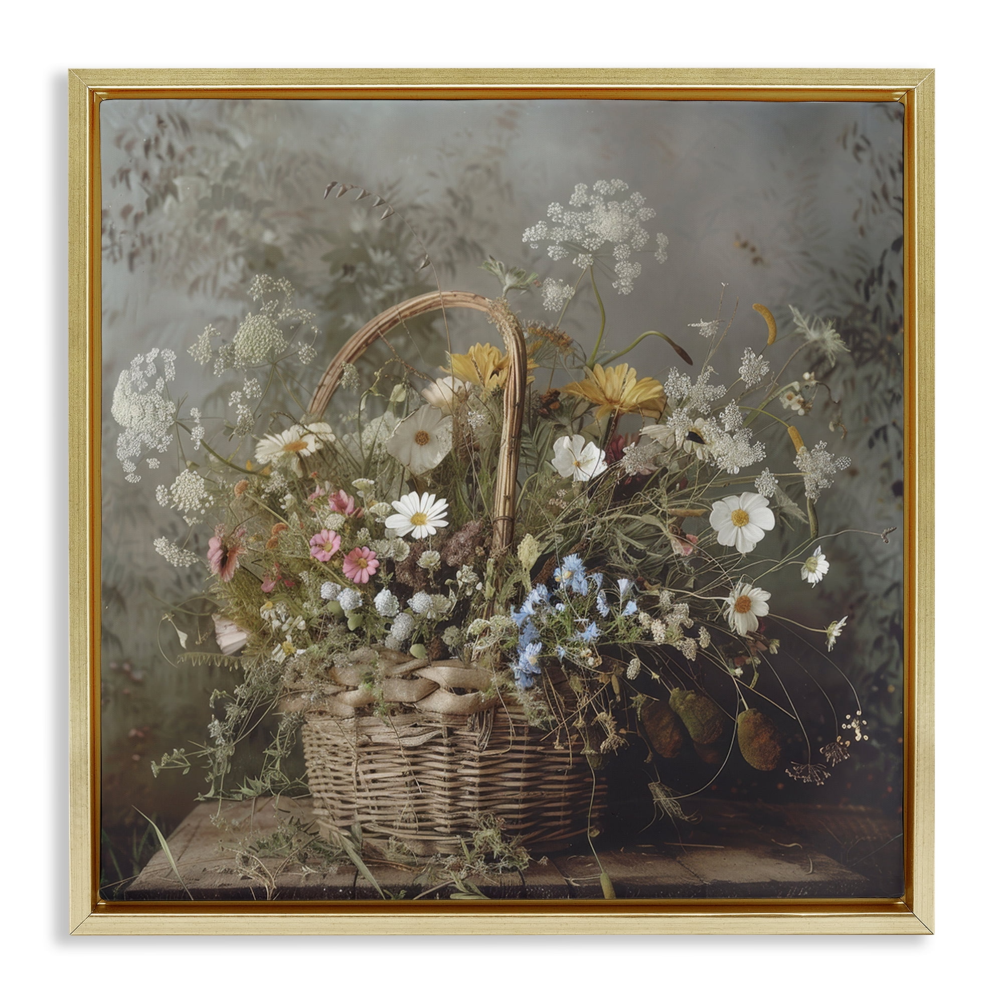 Stupell Industries Rustic Basket with Flowers Gold Framed Floater Canvas Wall Art, design by Lazar Studio