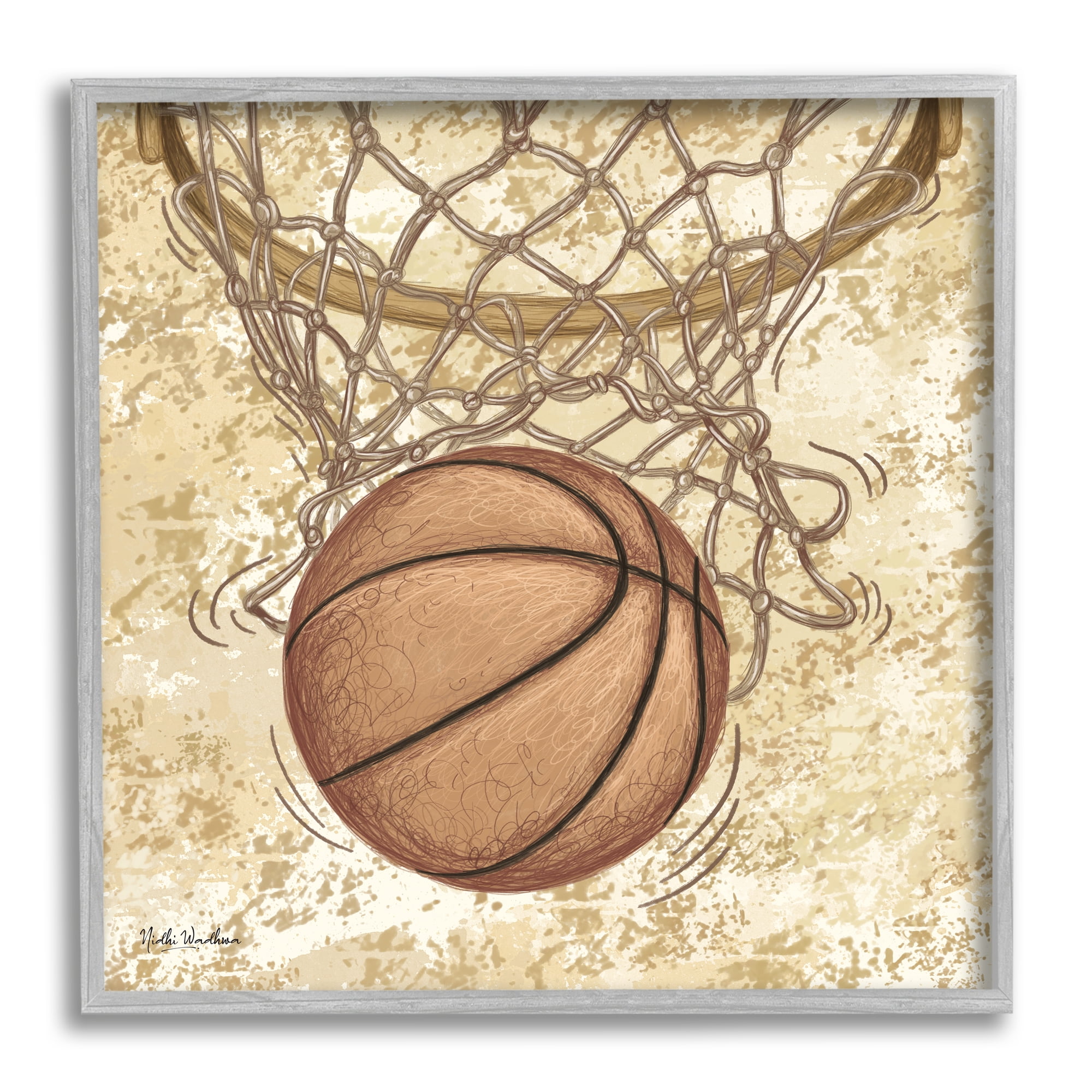 Stupell Industries Rustic Basketball in Hoop Sports Painting Gray Framed Art Print Wall Art, 24 x 24