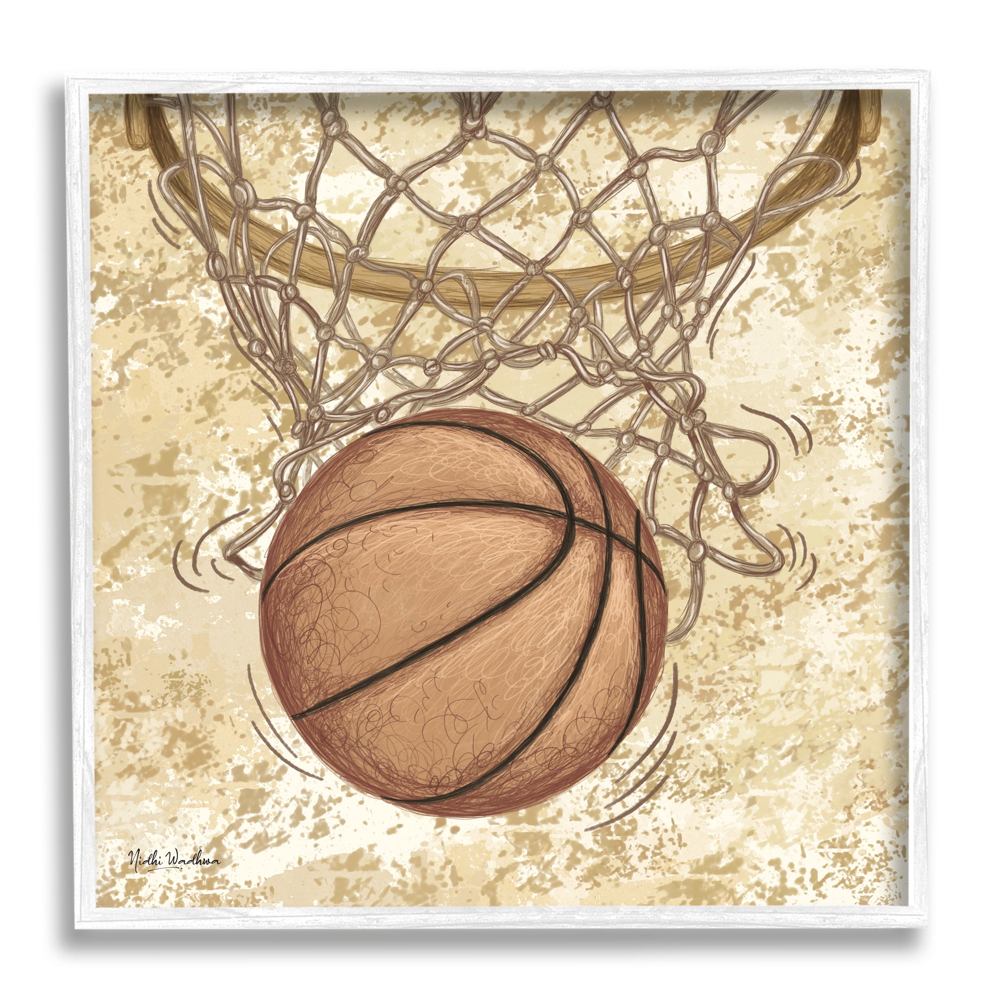 Stupell Industries Rustic Basketball in Hoop Sports Painting White Framed Art Print Wall Art, 17 x 17