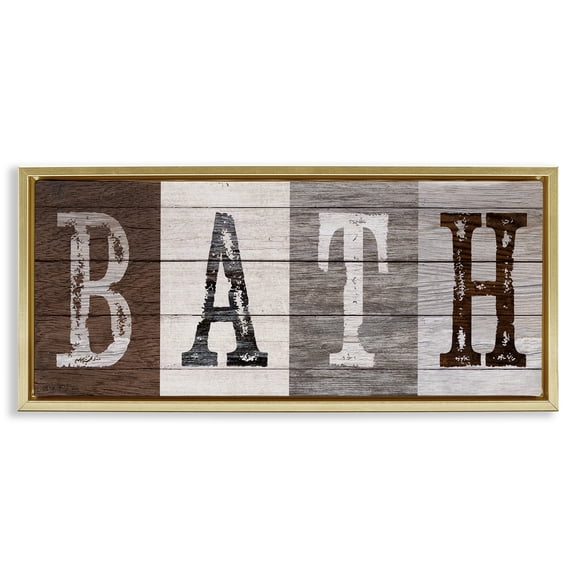 Stupell Industries Rustic Bath Letters Quotes and Sayings Painting Gold Floater Framed Canvas Art Print Wall Art, 31 x 14