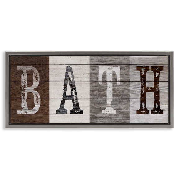 Stupell Industries Rustic Bath Letters Quotes and Sayings Painting Gray Floater Framed Canvas Art Print Wall Art, 31 x 14