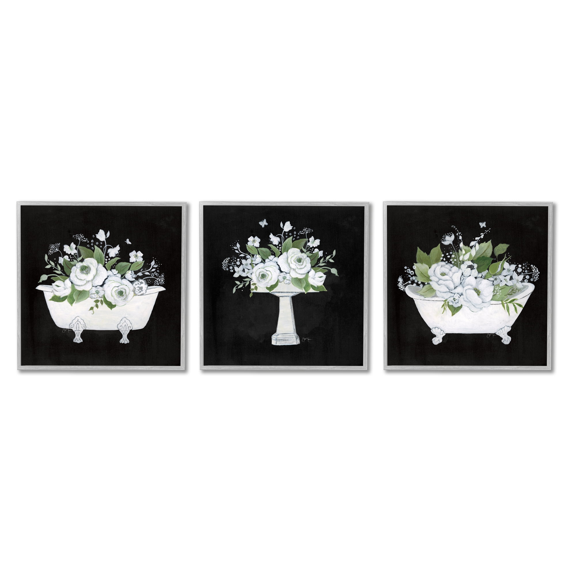 Stupell Industries Rustic Bathroom Florals Botanical & Floral Painting Gray Framed Art Print Wall Art, 17 x 17, Set of 3
