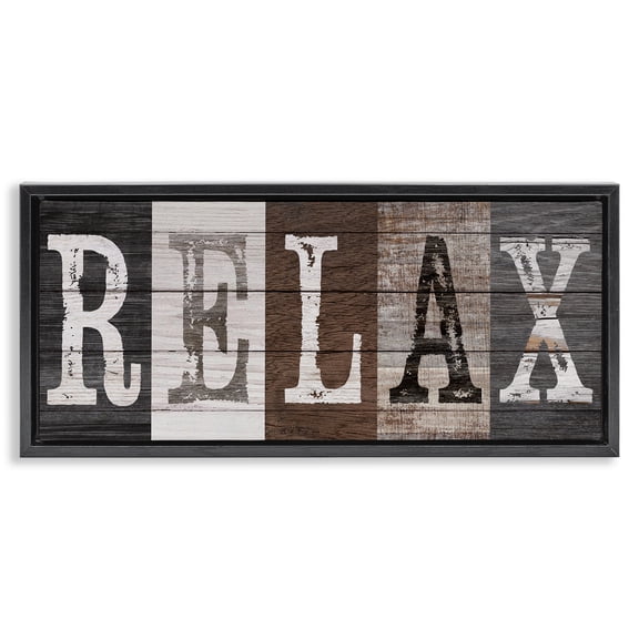 Stupell Industries Rustic Bathroom Relax Letters Quotes and Sayings Painting Black Floater Framed Canvas Art Print Wall Art, 25 x 11