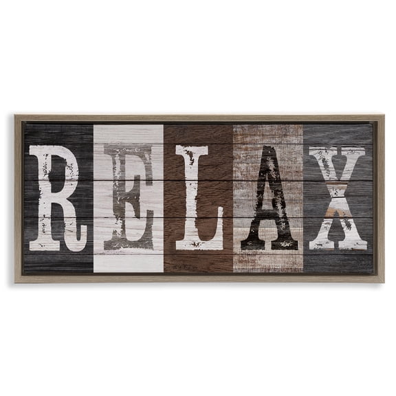 Stupell Industries Rustic Bathroom Relax Letters Quotes and Sayings Painting Brown Floater Framed Canvas Art Print Wall Art, 31 x 14