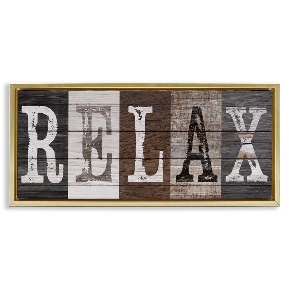 Stupell Industries Rustic Bathroom Relax Letters Quotes and Sayings Painting Gold Floater Framed Canvas Art Print Wall Art, 25 x 11