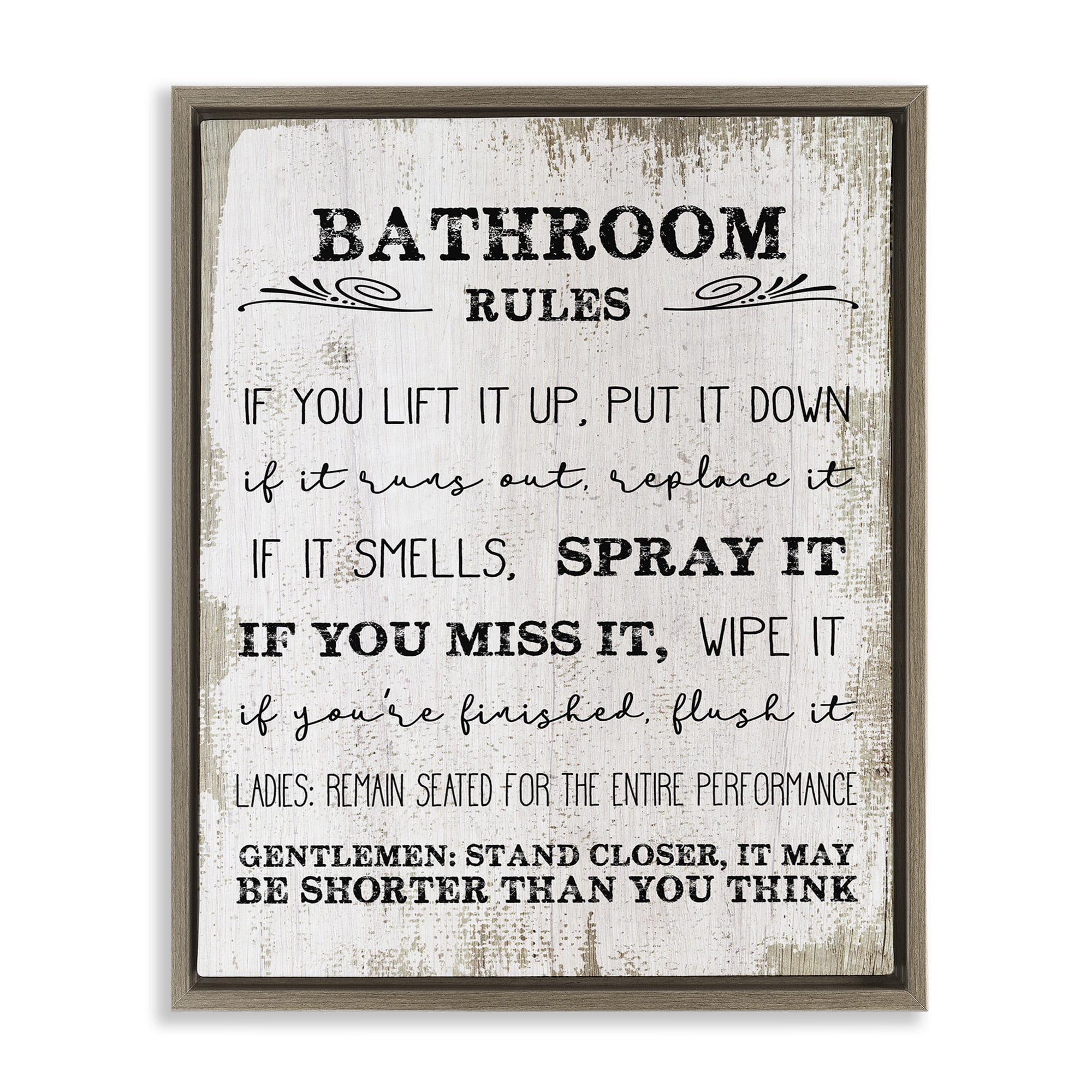 Stupell Industries Rustic Bathroom Rules Humor Typography Painting Brown Floater Framed Canvas Art Print Wall Art, 25 x 31