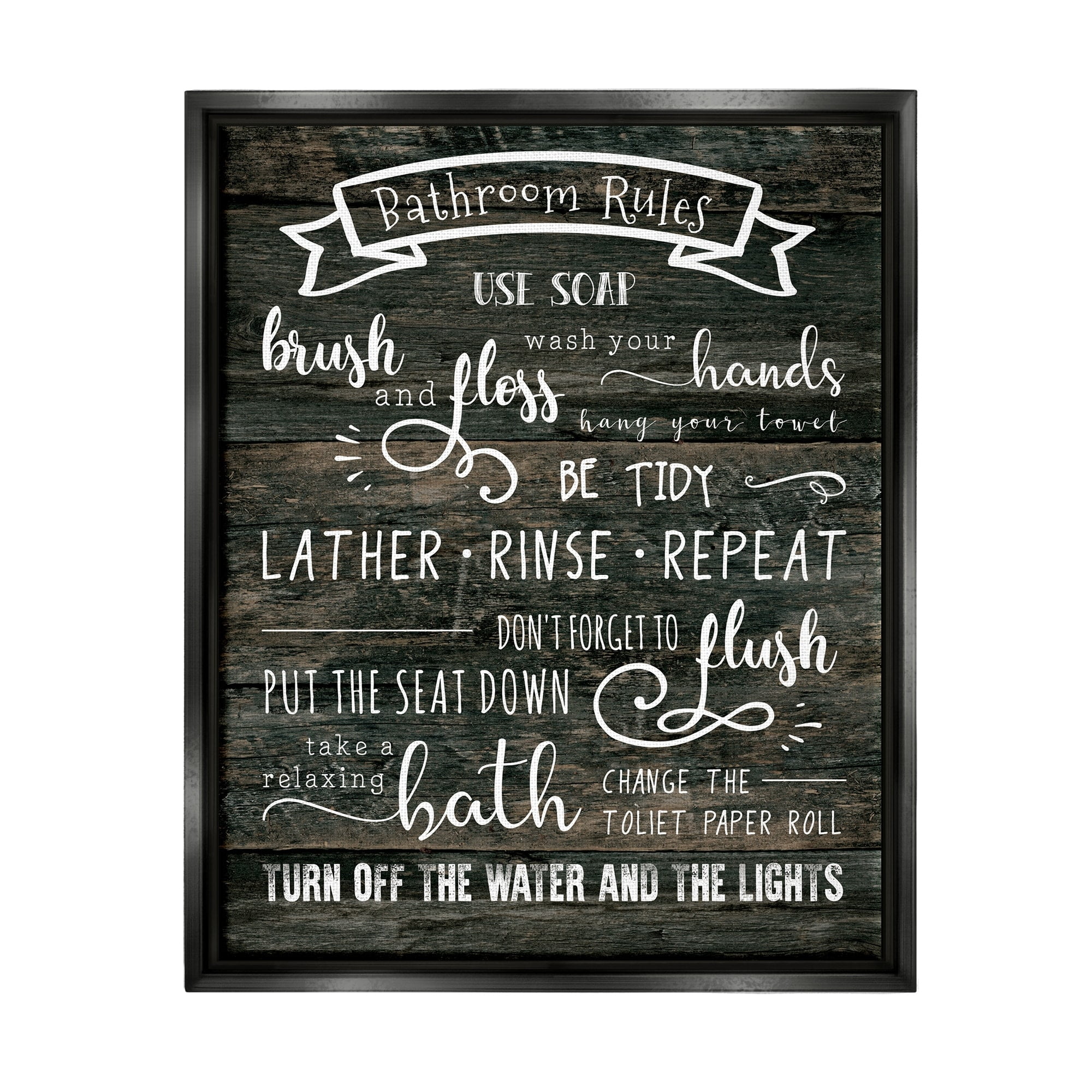 Stupell Industries Rustic Bathroom Rules Sign Good Hygiene List Jet Black Framed Floating Canvas Wall Art, 24x30, by CAD