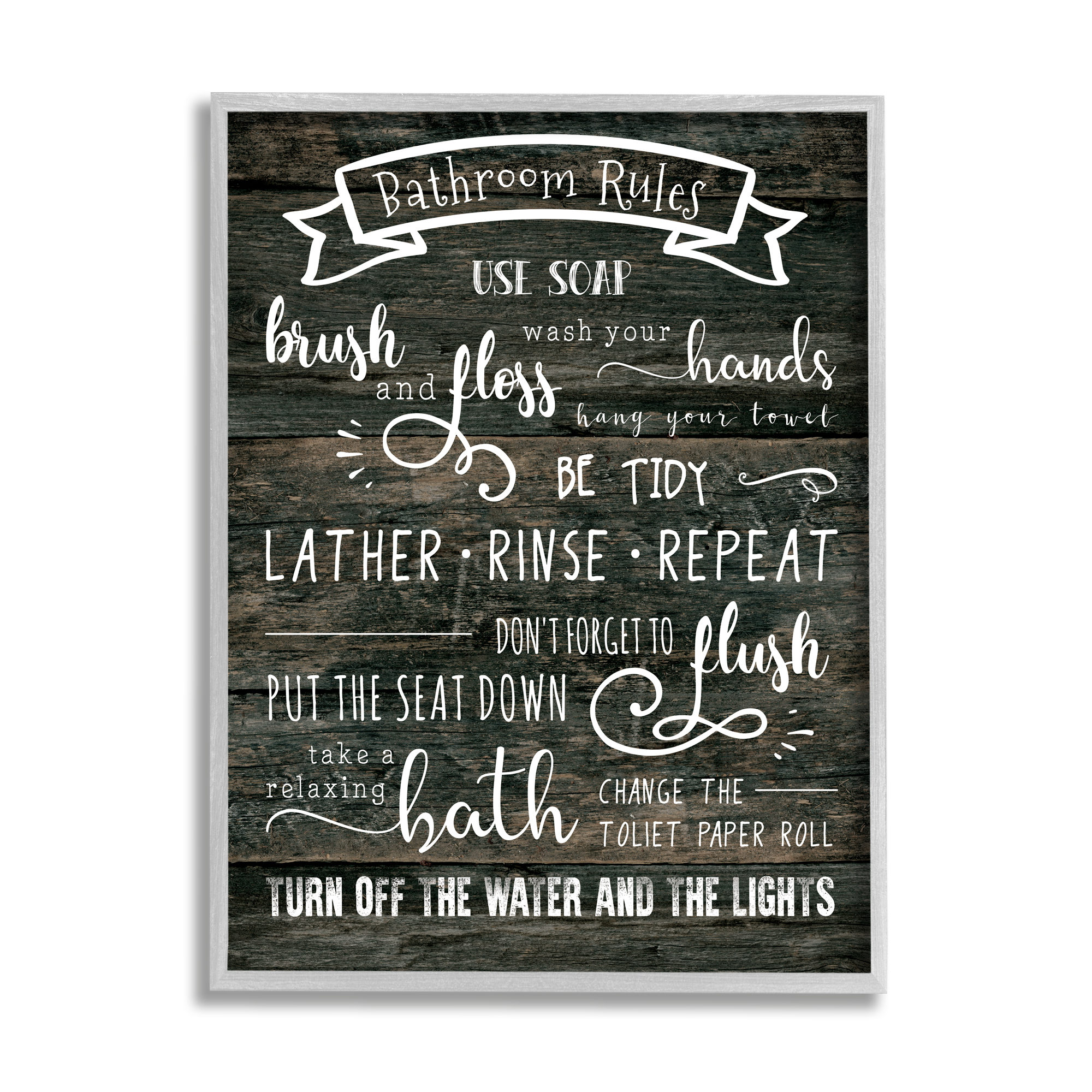 Stupell Industries Rustic Bathroom Rules Sign Good Hygiene List Typography Painting Gray Framed Art Print Wall Art, 16 x 20