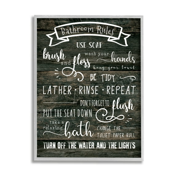 Stupell Industries Rustic Bathroom Rules Sign Good Hygiene List Typography Painting Gray Framed Art Print Wall Art, 16 x 20