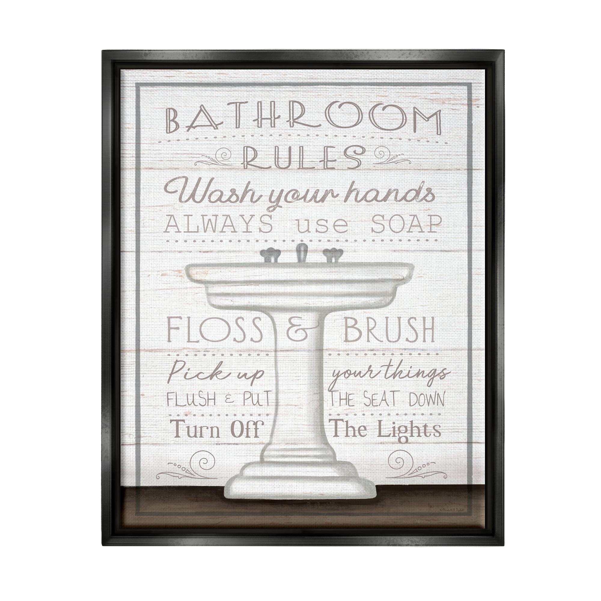 Stupell Industries Rustic Bathroom Rules Sink Typography Painting Black Floater Framed Canvas Art Print Wall Art, 17 x 21