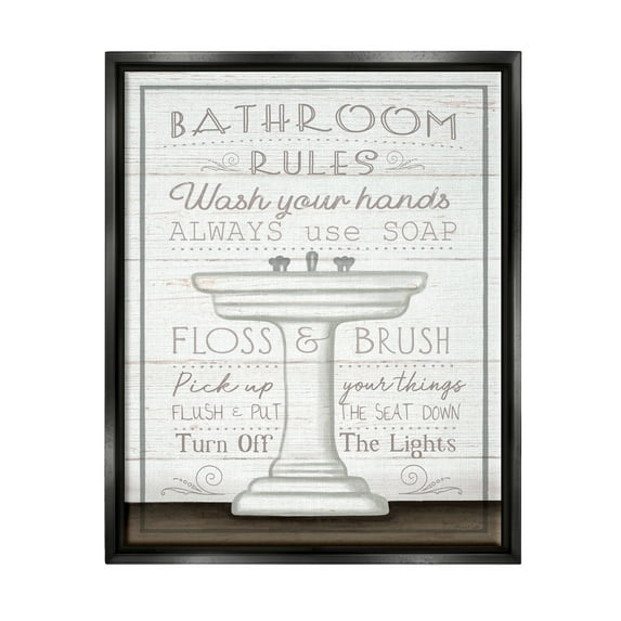 Stupell Industries Rustic Bathroom Rules Sink Typography Painting Black Floater Framed Canvas Art Print Wall Art, 25 x 31