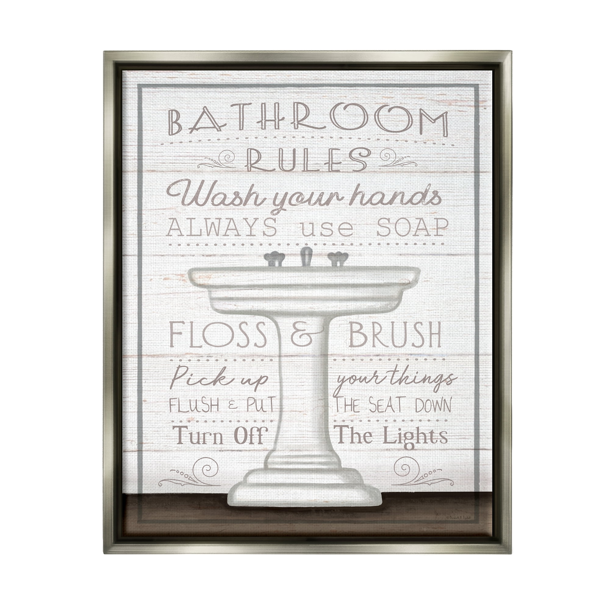 Stupell Industries Rustic Bathroom Rules Sink Typography Painting Gray Floater Framed Canvas Art Print Wall Art, 25 x 31