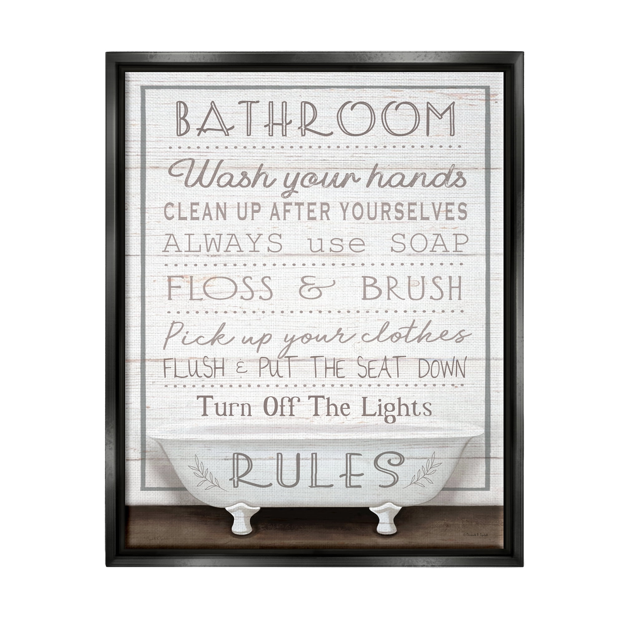 Stupell Industries Rustic Bathroom Rules Tub Typography Painting Black Floater Framed Canvas Art Print Wall Art, 17 x 21