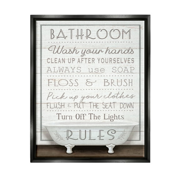 Stupell Industries Rustic Bathroom Rules Tub Typography Painting Black Floater Framed Canvas Art Print Wall Art, 25 x 31