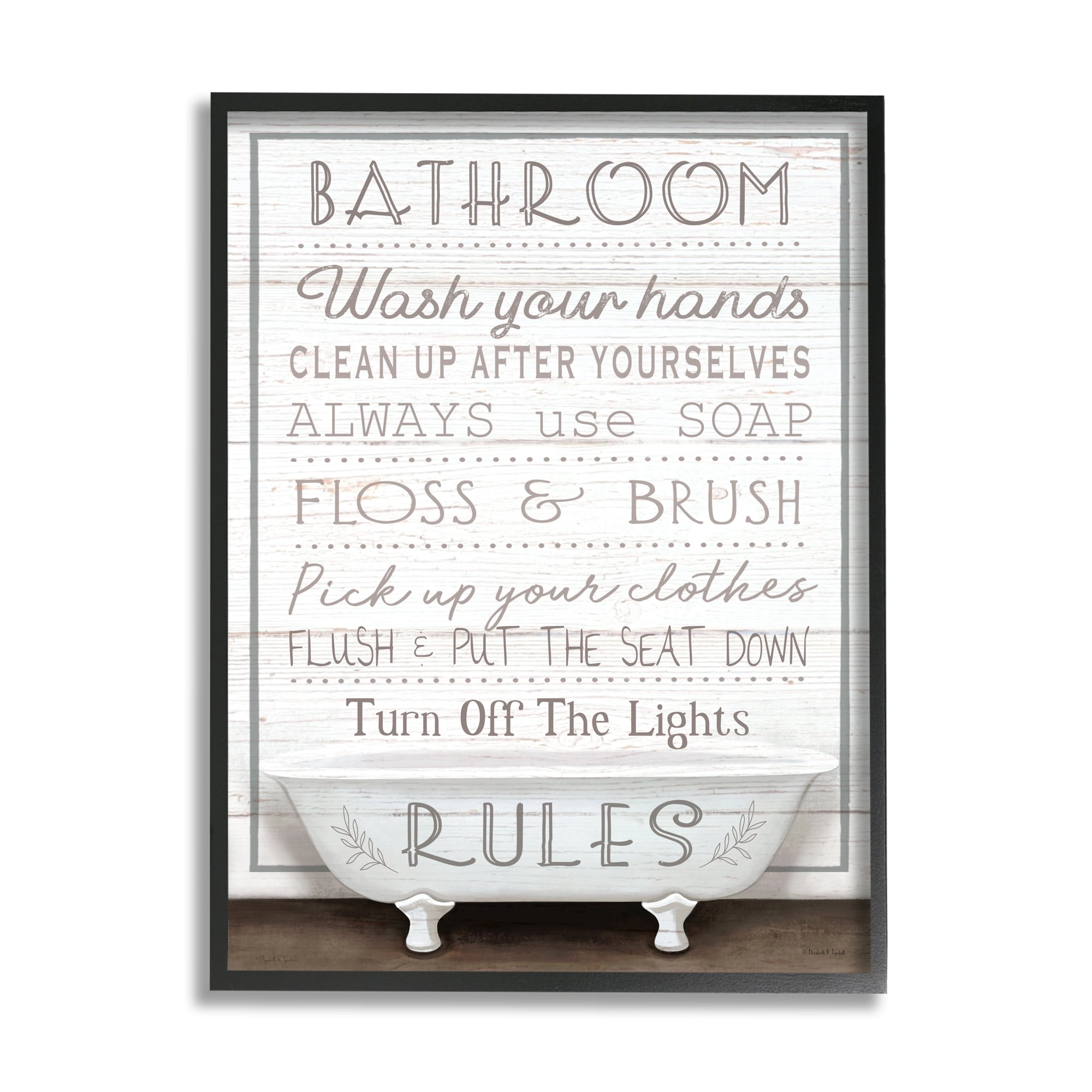 Stupell Industries Rustic Bathroom Rules Tub Typography Painting Black Framed Art Print Wall Art, 24 x 30