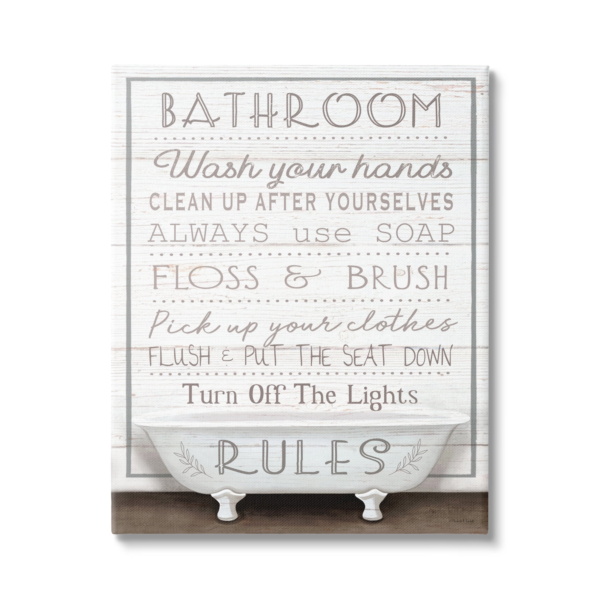 Stupell Industries Rustic Bathroom Rules Tub Typography Painting Gallery Wrapped Canvas Art Print Wall Art, 24 x 30