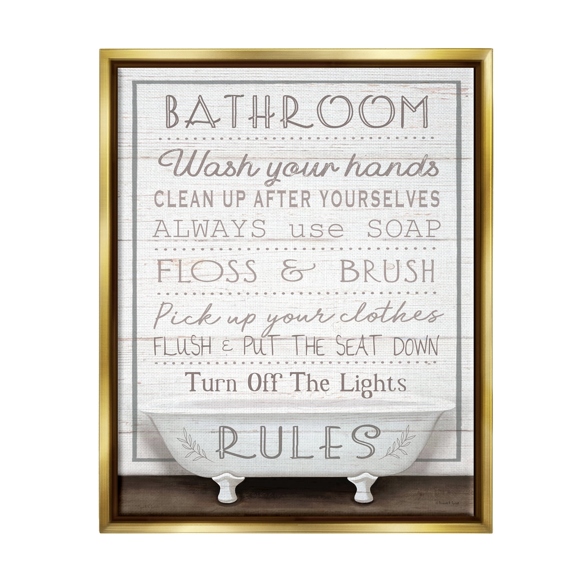 Stupell Industries Rustic Bathroom Rules Tub Typography Painting Gold Floater Framed Canvas Art Print Wall Art, 17 x 21