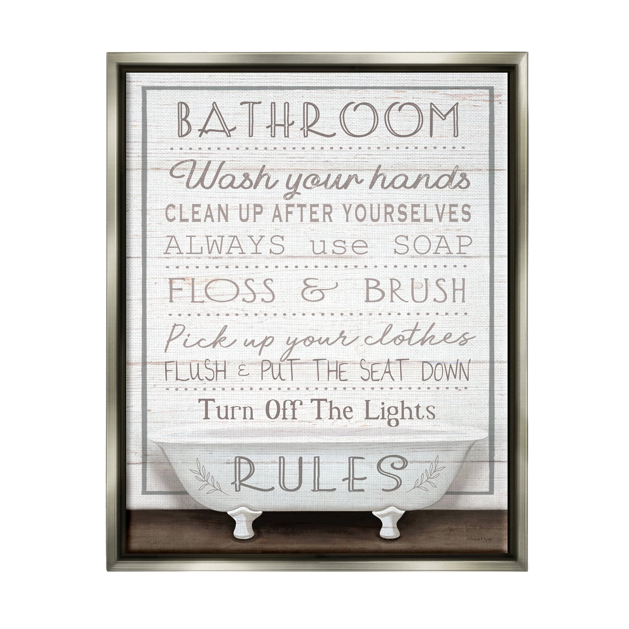 Stupell Industries Rustic Bathroom Rules Tub Typography Painting Gray Floater Framed Canvas Art Print Wall Art, 17 x 21