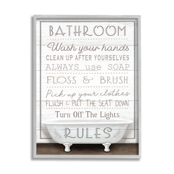 Stupell Industries Rustic Bathroom Rules Tub Typography Painting Gray Framed Art Print Wall Art, 11 x 14