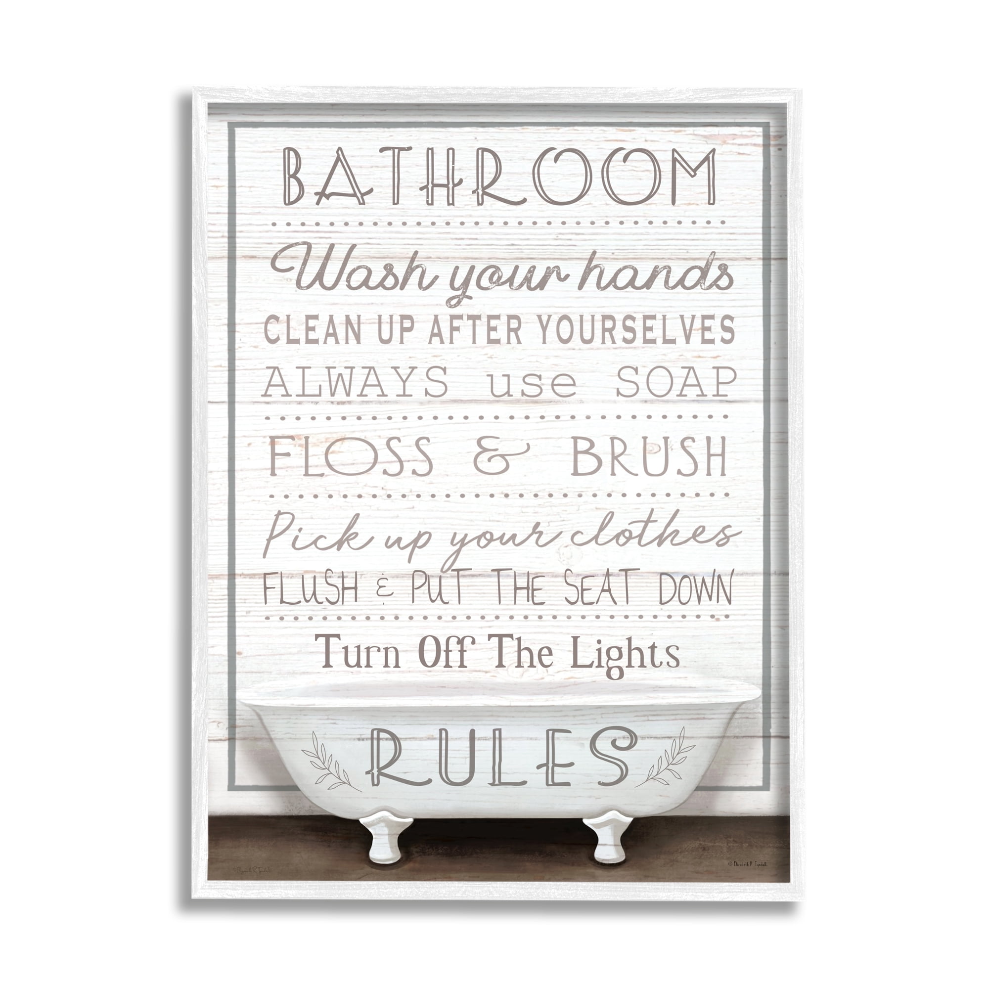 Stupell Industries Rustic Bathroom Rules Tub Typography Painting White Framed Art Print Wall Art, 16 x 20