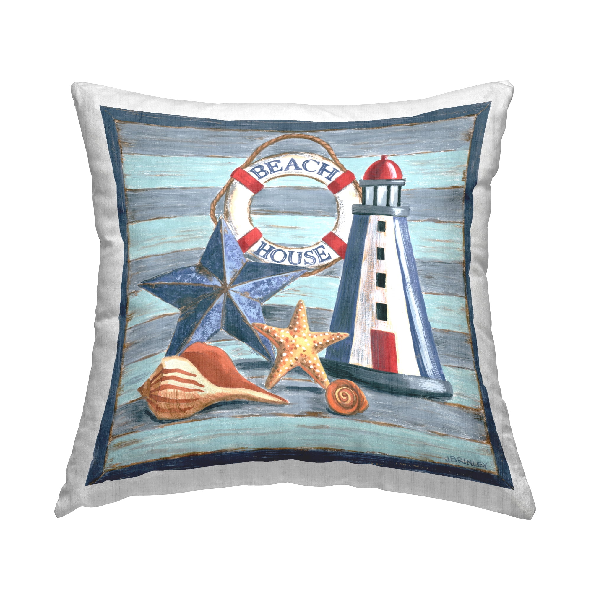 Stupell Industries Rustic Beach House on Stripes Decorative Printed Throw Pillow Design by Jennifer Brinley.